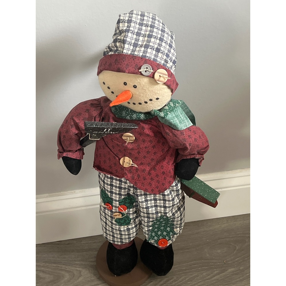 Primitive Folk Art Snowman Figurine 18 Inch Let It Snow Winter Rustic Decor